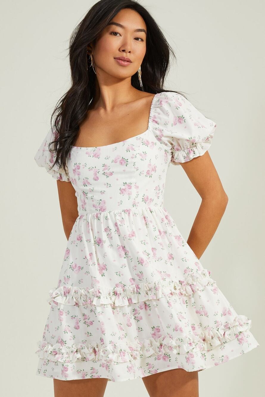 Arula Floral Tiered Mini Dress White and Pink Size 0X feminine Cottagecore boho